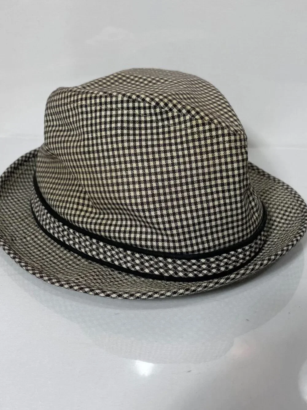 Vintage Black White Houndstooth Fedora Trilby Hat Men's Classic Plaid, Size 7 M